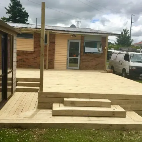 Completed wooden deck with steps